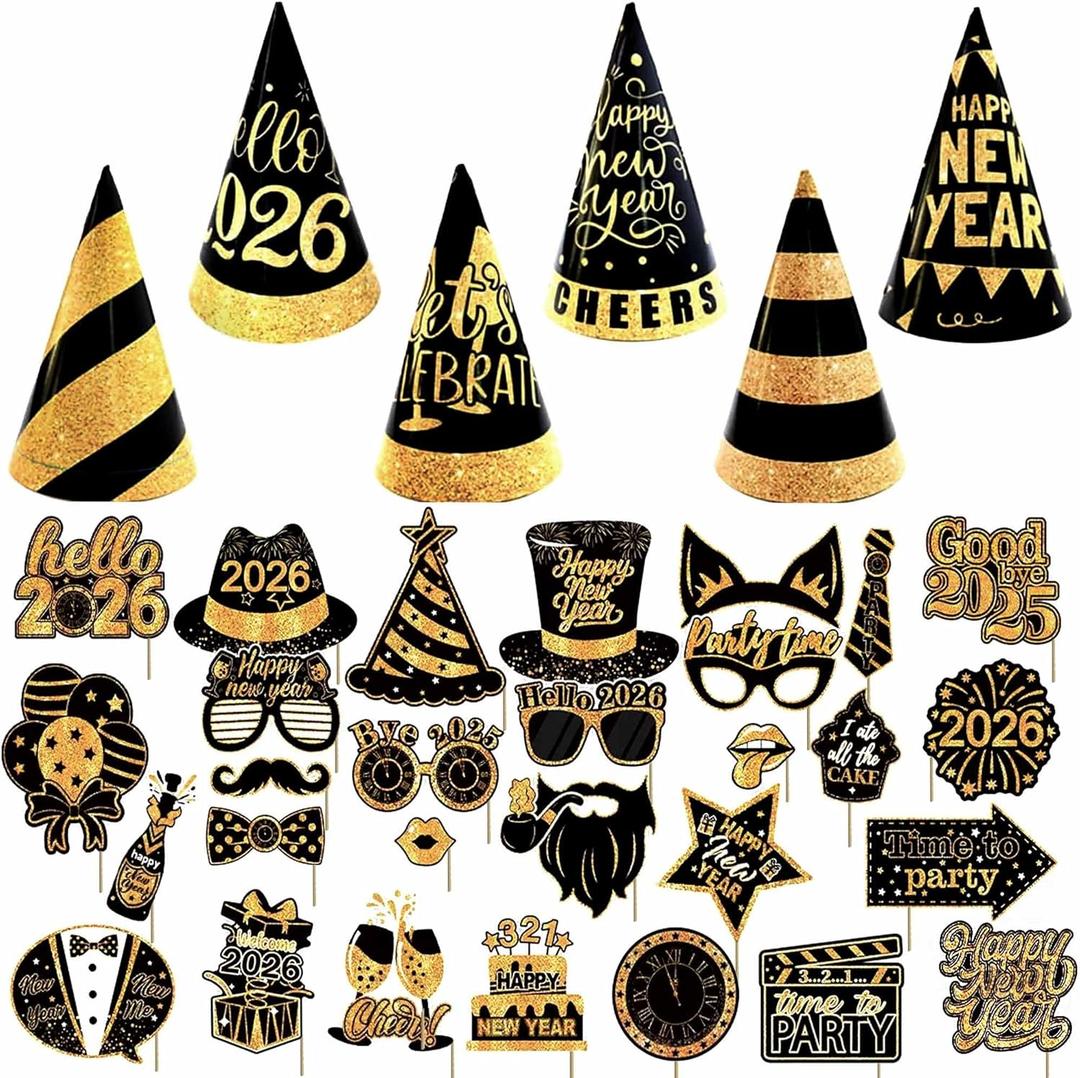 36 Pieces, New Years Eve Hats and New Years Photo Booth Props Set - New Year Photo Booth Props, New Years Decorations 2026, New Years Eve Party Supplies 2026, Little DIY
