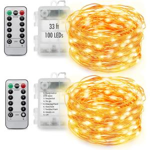 MUMUXI 2 Pack 33ft 100 LED Fairy Lights with Timer, Ourdoor Battery-Powered Twinkle and Remote Control, Christmas String Lights, Warm White Waterproof Decorative Lighting for Holidays and Events (2 Pack-33 Ft-100 LED)