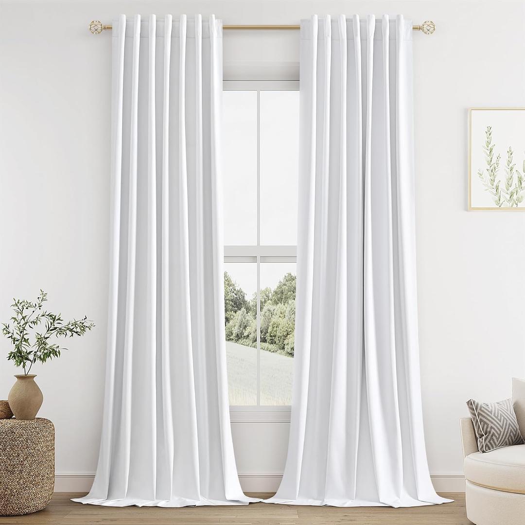 Guken White Linen Blackout Curtains 84 Inch Length 2 Panels Set for Living Room Bedroom Back Tab Thermal Insulated 100% Black Out Drapes Room Darkening 84 Inches Long Pure White
