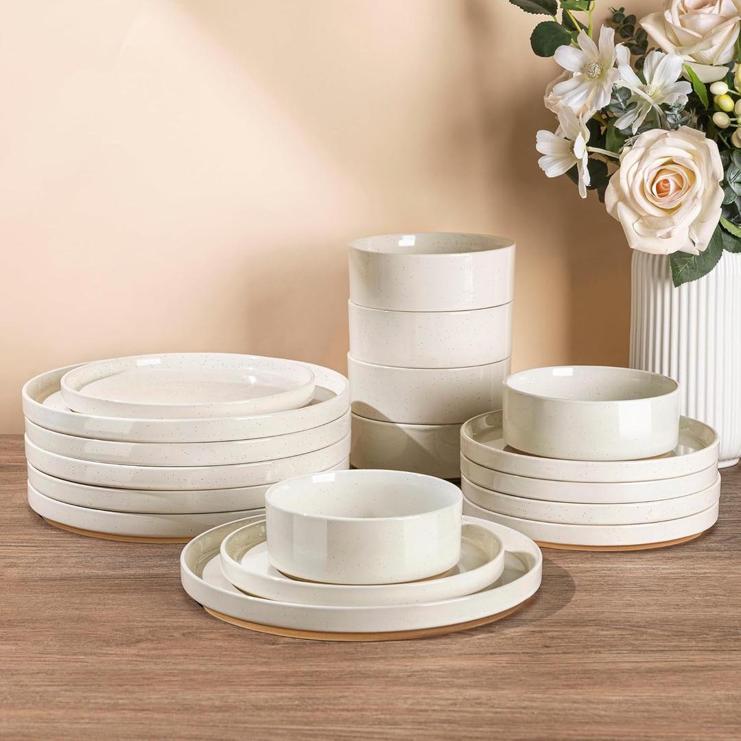 AmorArc Ceramic Dinnerware Set for 6 | Speckled Stoneware Plates and Bowls with Rustic Terracotta Underside| Scratch Resistant, Dishwasher & Microwave Safe Dishes Sets- 18pcs (Modern Beige)