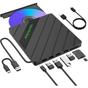 8 IN 1 External CD/DVD Drive for Laptop, USB 3.0 Portable External CD Burner Reader Writer with 4 USB Ports/2 TF SD Card Slots/1 USB Type C Port, Disc Drive for Laptop/PC/Mac/Windows/Linux/OS