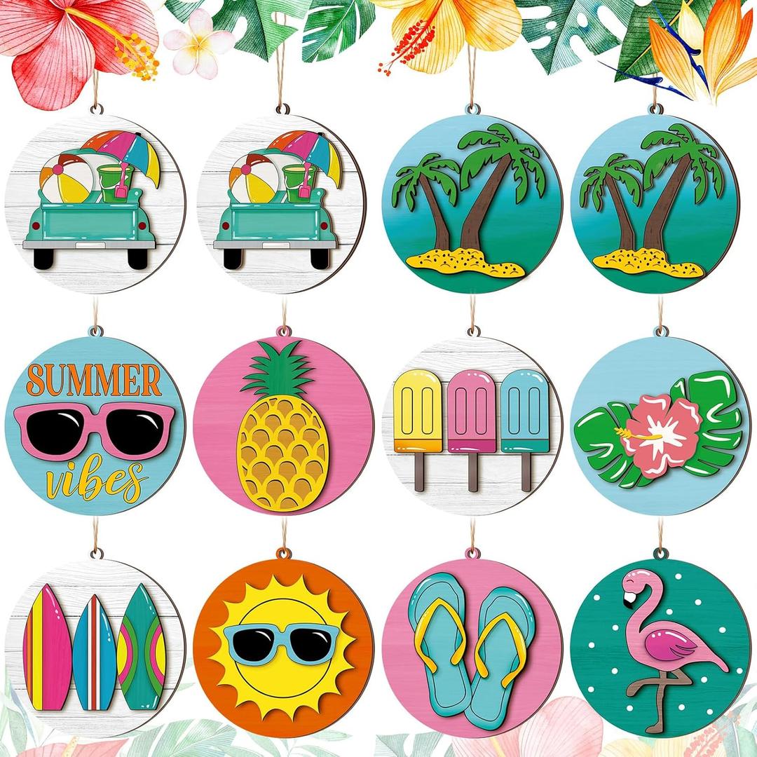 Vercraft 40 Pcs 3D Summer Ornaments for Tree Double Layer Hawaiian Summer Tree Decorations Wood Hanging Ornaments Beach Wooden Pendant Decorations with String and Holes for Luau Party Supplies