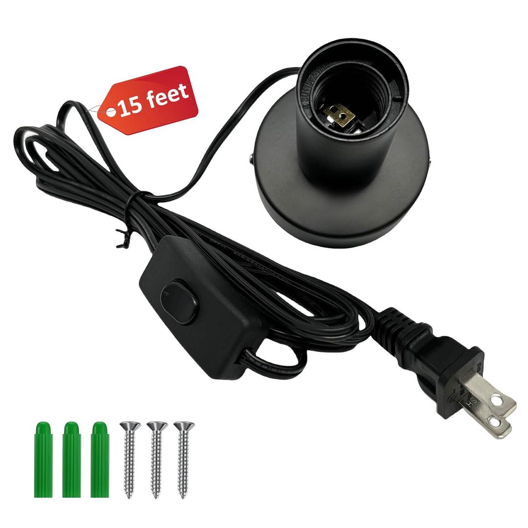 Black Metal E26/E27 Screw Light Socket with 15FT Extension Cord, Hanging Light Cord for Garage,80MM Small Table Lamp Base Ceiling Bulb Holder, On/Off Switch US Plug in Wire (1 Pack)