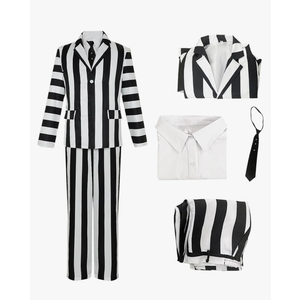 Black and White Striped Suit Adult Halloween Costume Jacket Pants Tie Shirt Horror Movie Outfit L