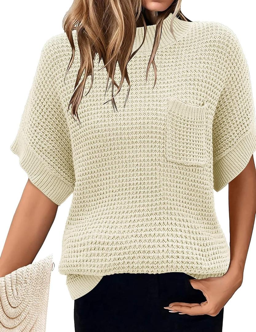 Women 2024 Sweater Vest Mock Neck Batwing Short Sleeve Oversized Ribbed Knit Tops Fall Pullover Sweater White M