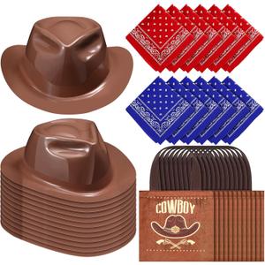 Geetery 36 Pcs Cowboy Hat Western Bandana Treat Bags Set Plastic Cowboy/Cowgirl Themed Party Hats Western Costume Accessories (Brown, Blue, Red)