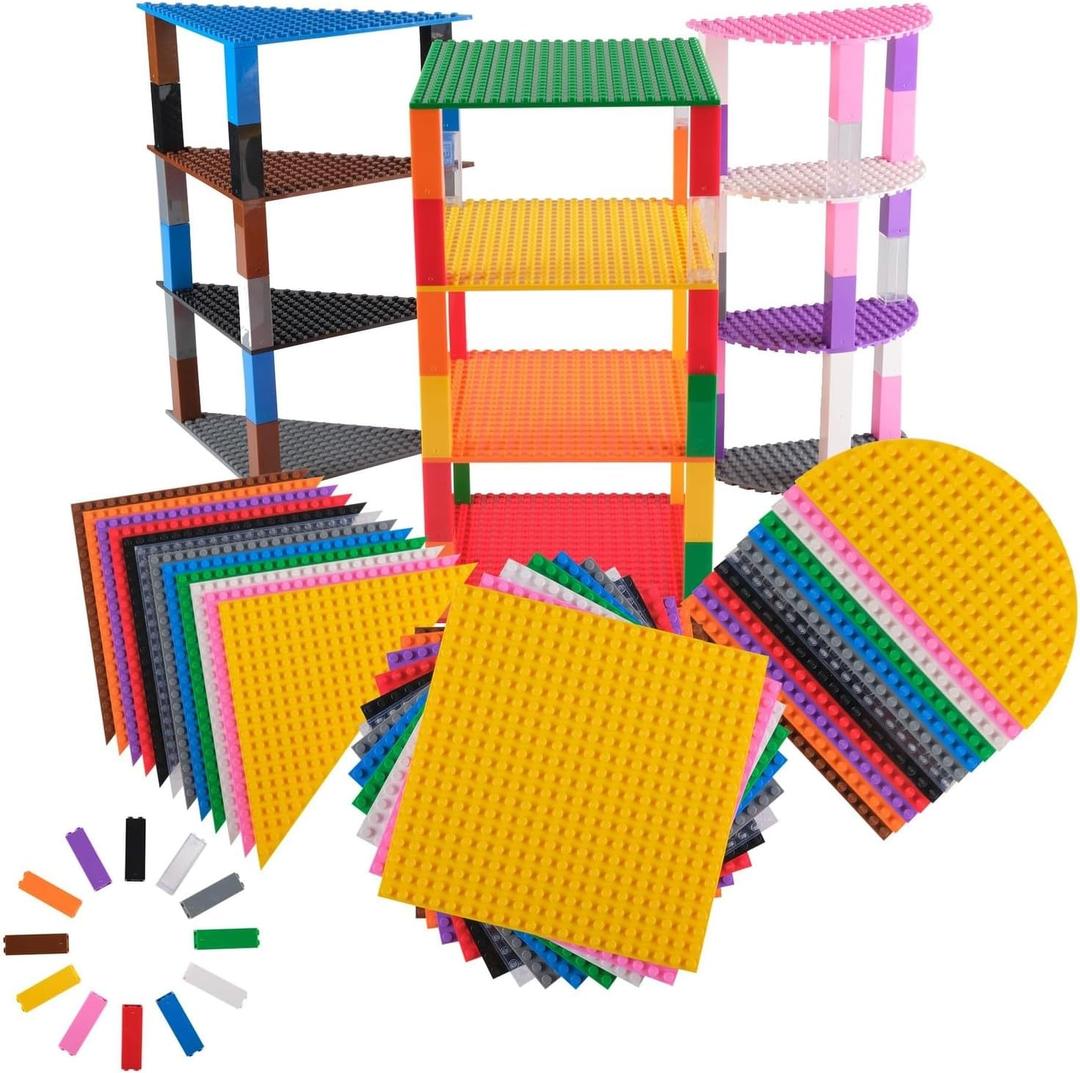 Strictly Briks Compatible with Lego Classic Stackable Baseplates, Building Bricks Set for Towers, Half Circle, Triangle & Square, Rainbow Colors, 36 Base Plates & 60 Stackers, 6x6 Inches No Details