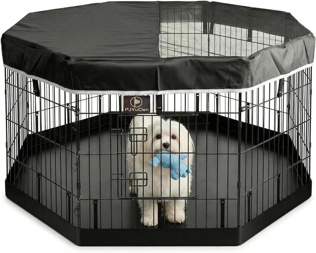 PJYuCien Dog Playpen with Top Cover and Bottom Pad - Metal Foldable Exercise Pen, 8 Panels 24" H x 24" W Indoor Outdoor Pet Fence Puppy Crate Kennel, Black