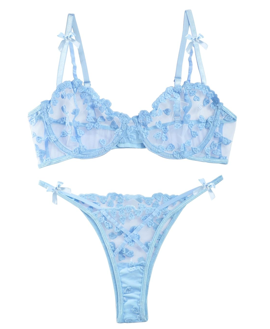Lilosy Sexy Underwire Cute Push Up Strappy Embroidered Mesh Sheer Lingerie Set See Through Panty Bra S