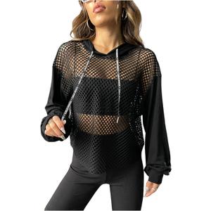 Verdusa Women's Sexy See Through Fishnet Long Sleeve Drawstring Hoodie Top Sweatshirt (Large)