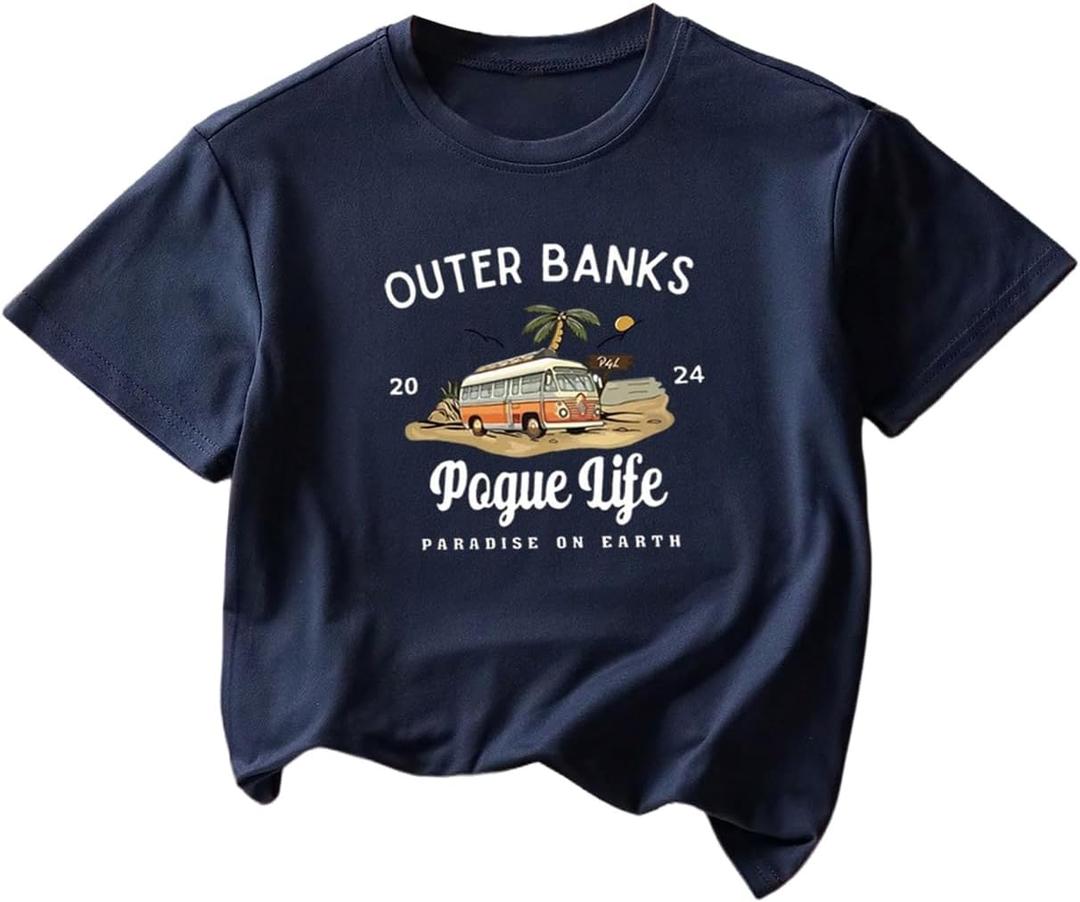 Girl's Car Print Graphic Tees Short Sleeve T-Shirts Casual Crew Neck Tops (Deep Blue)