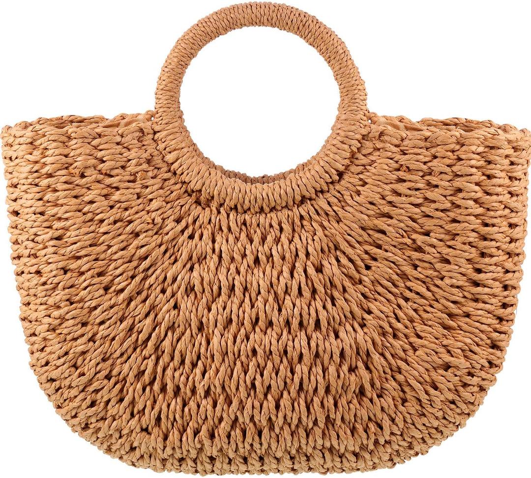 Frienda Straw Tote Bag Summer Beach Bag Handmade Straw Rattan Woven Handbag for Women Travel (12.6 x 2.36 x 8.66 Inch,Khaki)
