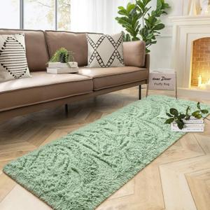 DweIke Fluffy Runner Rugs for Bedroom Living Room, Ultra Soft Shaggy Plush 2x6 Feet Area Rug, Shag Furry Bedside Carpet Non Shedding for Nursery Children Kids Girls Room Decor, Sage Green