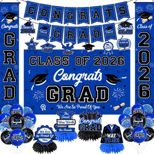 Graduation Decorations Blue Party Decor Set include Congrats Grad Banner Graduation Backdrop Class of 2026 Balloons Party Supplies