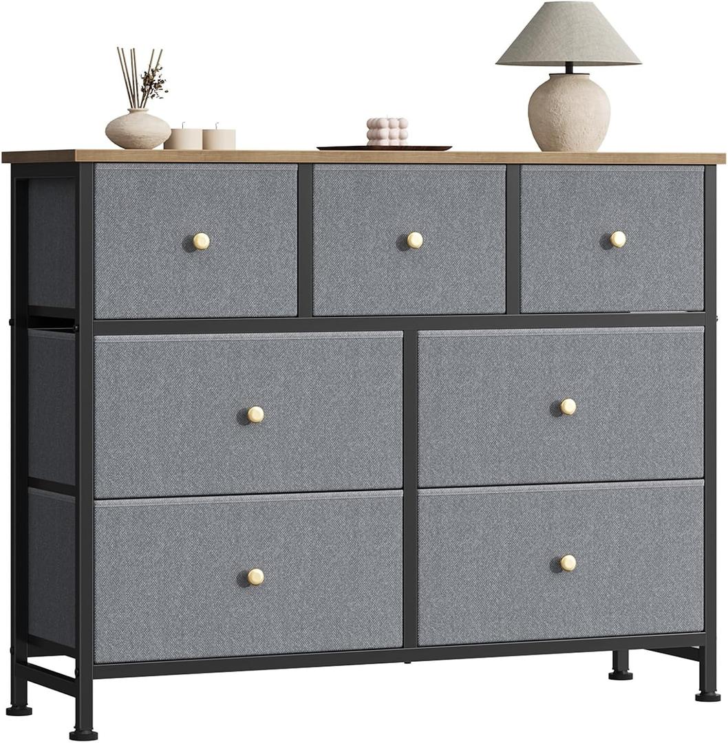 Sweetcrispy 7 Drawer Dresser for Bedroom Storage with Fabric Bins, Blue, 39.3"D x 11.8"W x 30.3"H