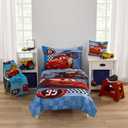 NoJo Disney Cars Radiator Springs White, Blue, and Red Lightning McQueen and Tow-Mater 4 Piece Toddler Bed Set - Comforter, Fitted Bottom Sheet, Flat Top Sheet and Reversible Pillowcase