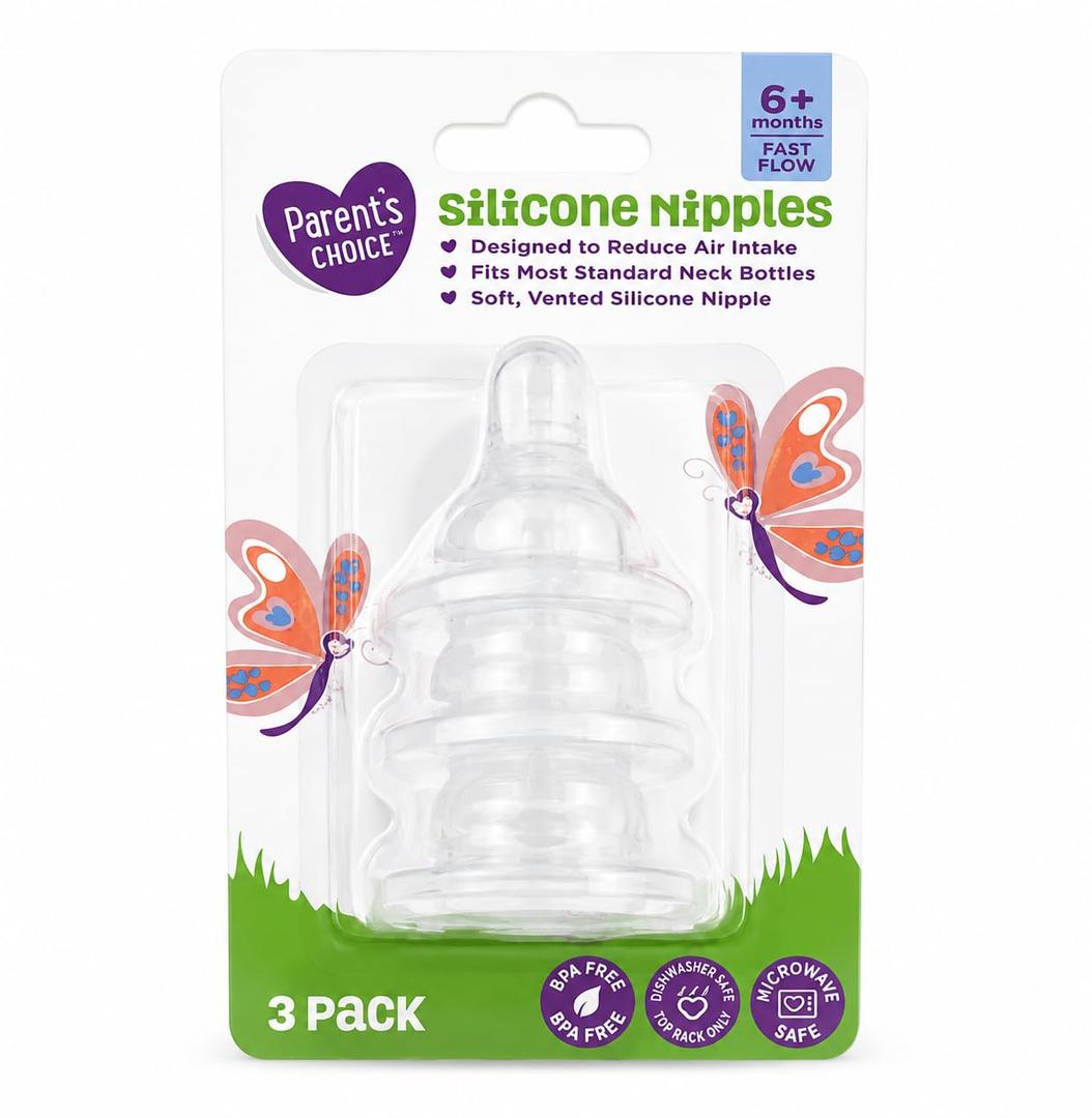 Parent's Choice Fast Flow Silicone Nipples for Standard Neck Infant Baby Bottles, Age 6+ Months, Soft, Vented, Clear, BPA Free, 3 Count - 1 Pack