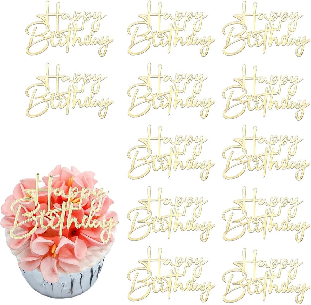 Happy Birthday Cupcake Toppers, Gold Mirror Acrylic Cake Decoration, 2.36 x 1.61 inches, 12 Pack (StyleB)