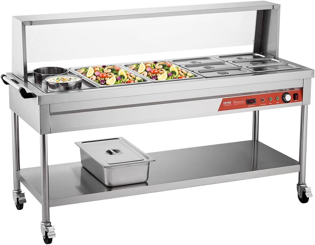 VEVOR Commercial Food Warmer, 8 Pans + 2 Pots Electric Steam Table, 1800W Professional Buffet Catering Food Warmer with Shield Undershelf Wheels, Stainless Steel Server for Party Restaurant