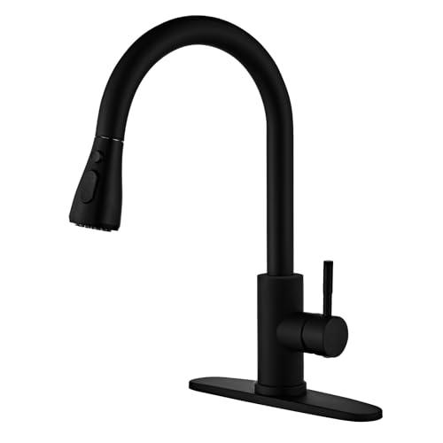 LOUEVIDO Black Kitchen Faucet with Pull Down Sprayer, High Arc Single Handle Sink Deck Plate, Commercial Modern RV Stainless Steel Faucets, Grifos De Cocina