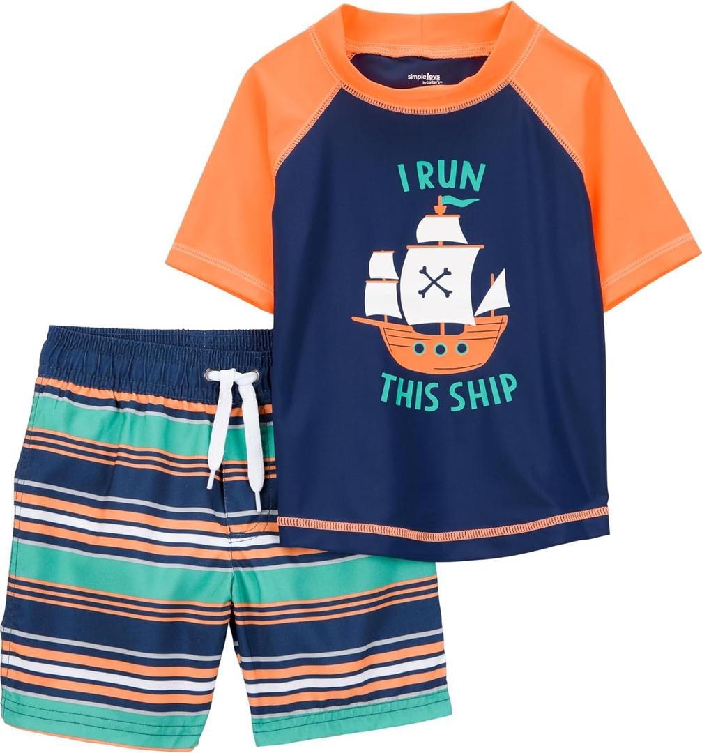 Simple Joys by Carter's Toddlers and Baby Boys' Swimsuit Trunk and Rashguard Set (5T, Navy Orange Ships/White Stripe)