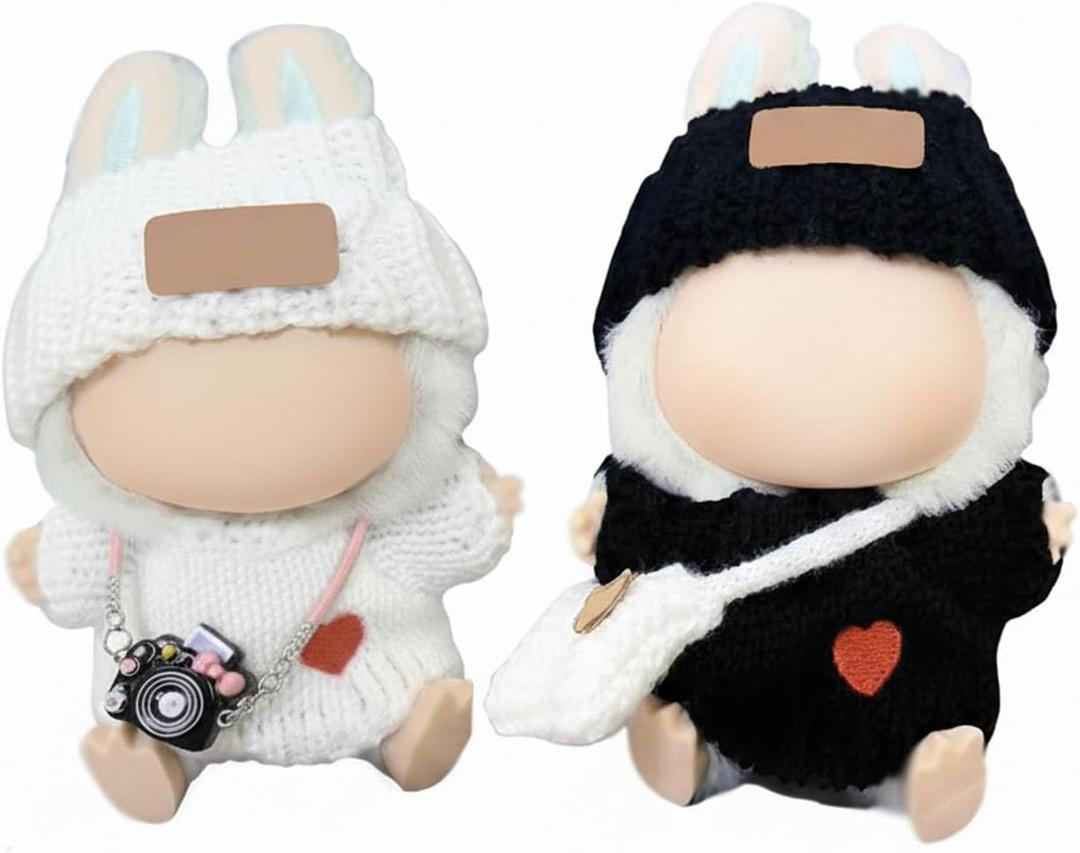 Clothes Outfits for 17cm Doll 6 Piece Set Crochet Hat Sweater Backpack Camera Cute Clothes Accessories Suit No Doll (White,Black)