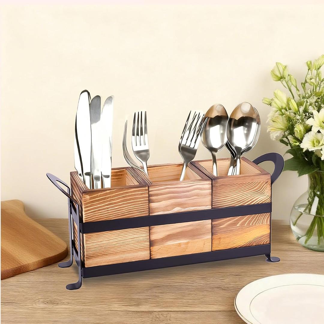 Wooden Silverware Caddy with 3 Detachable Compartments & Portable Handle - Farmhouse Countertop Organizer for Forks/Spoons/Knives, Cutlery Holder for Party, Kitchen & Dining