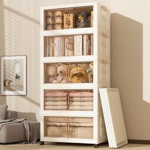 23 Gal Stackable Storage Bins with Lids, Closet Organizers and Storage, Collapsible Storage Bin with Wheels, Plastic Clothes Storage Cabinet Containers for Home, Office, Dorm 5Pack (Cream Yellow)