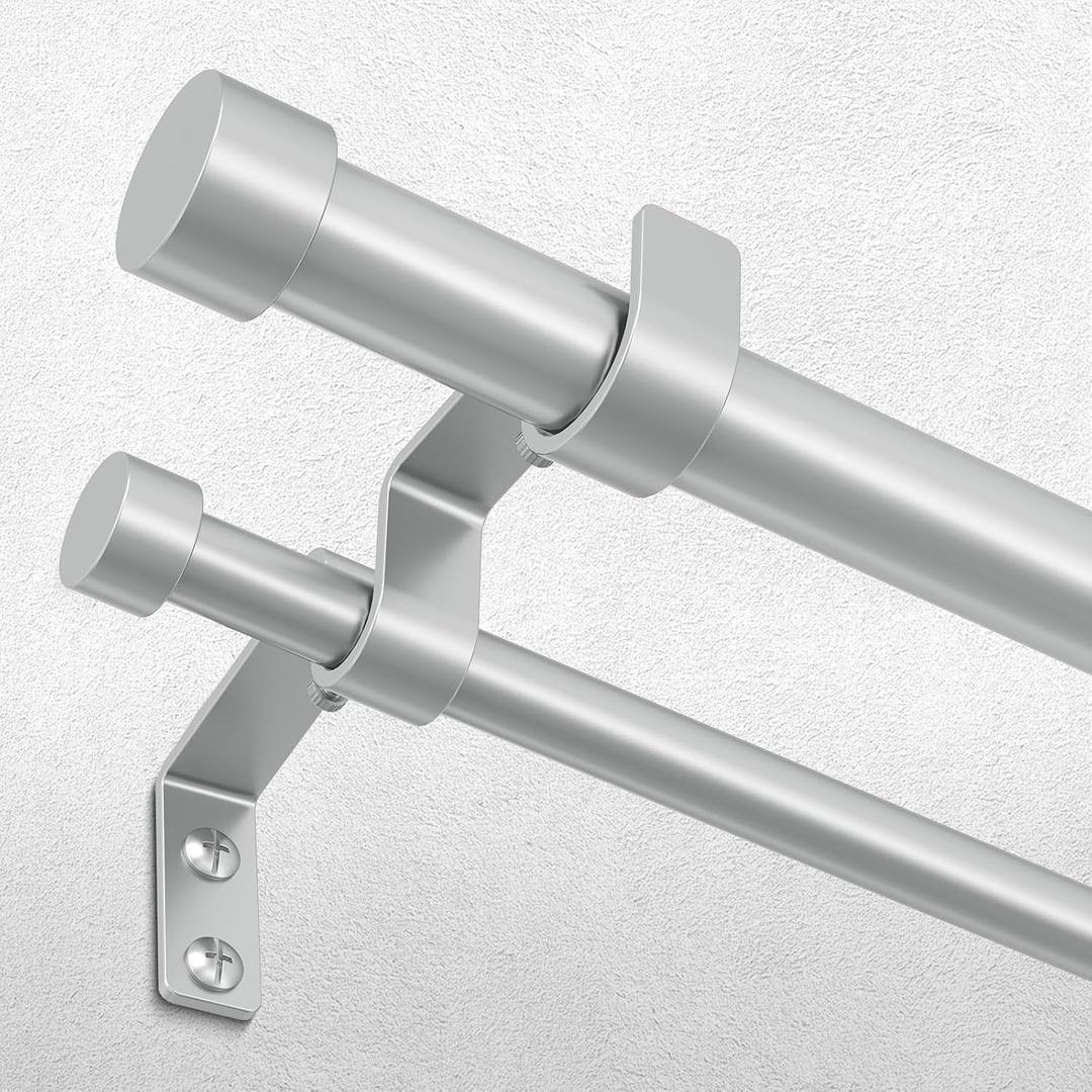 Silver Double Curtain Rod, 84 to 120 Inch Long Dual Curtain Rods with Aluminium Modern End Cap Finial, 1 Inch Adjustable Heavy Duty Window Treatment Rod, Telescopic Metal Double Drapery Pole Set