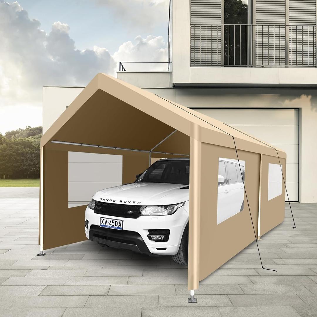 10x20 Carport,Heavy Duty Metal Portable Carport Garage,with Roll-up Door Windows,Outdoor Storage Shelter w/Waterproof and Removable Sidewalls,Large Car Tent Gazebo for SUV,Truck,White