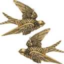 2 Pcs Vintage Bird Wall Sculpture Decor Art 4.7 Inch Antique 3D Sculpted Hanging Bird Resin Wall Art Golden Brass Floating Ornament for Living Room Garden Outdoor, Gifts for Couples Housewarming