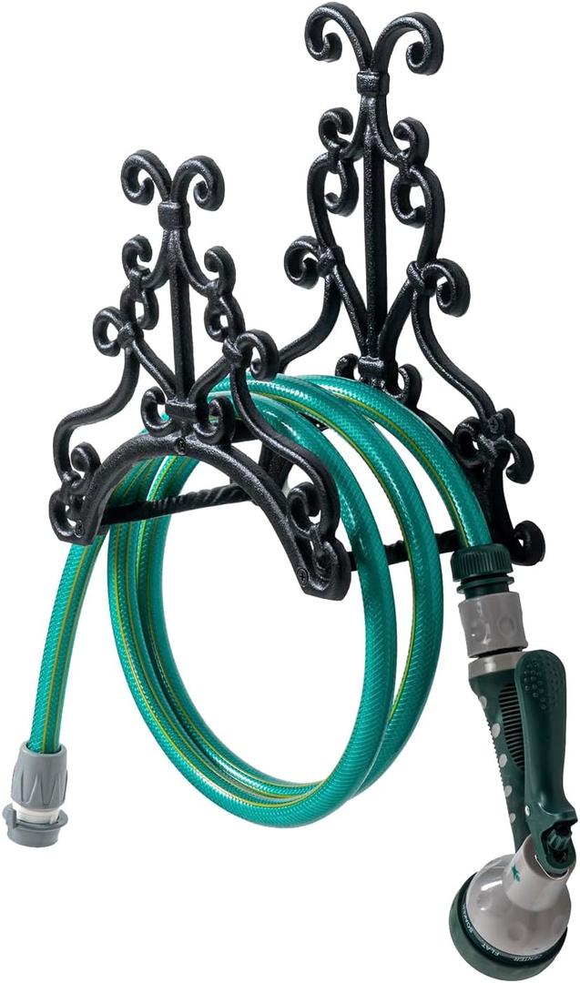 MyGift Wall Mounted Garden Hose Holder, Vintage Baroque Scrollwork Cast Iron Watering Tube Rack, Decorative Floral Pattern Hanging Hook Water Hosepipe Reel