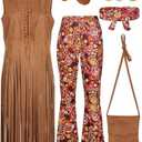 SOMSOC 7 Pieces 70s Women Hippie Costume Fringe Vest Bag Pant Headband for Halloween Large