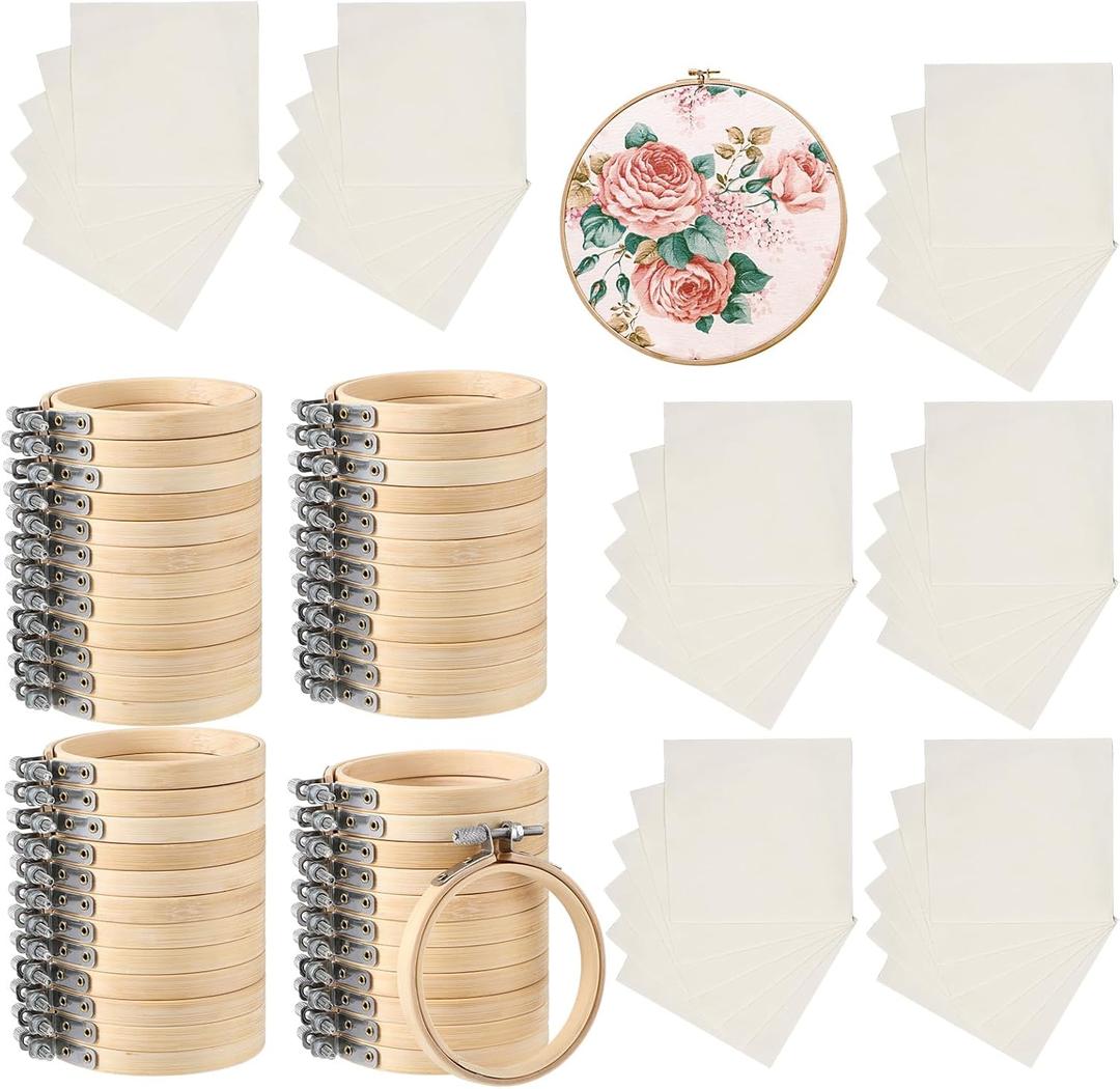 Hoteam 96 Pcs DIY Christmas Ornament Kit Small Embroidery Hoops Xmas Beige Linen Fabric for Christmas Holiday Crafts Decorations Sewing Art