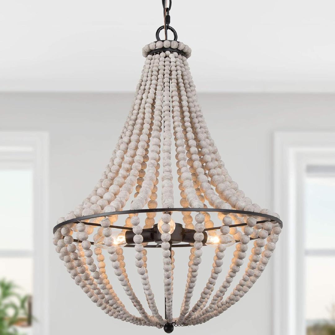 LOG BARN Farmhouse Chandelier, Boho Light Fixture for Dining Room, Bedroom, Handmade Wood Beads, 3-Lights, 15.5” D x 22” H