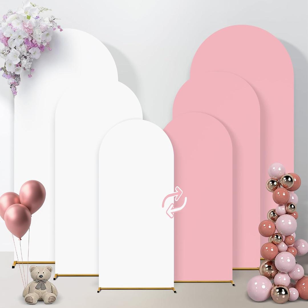 Arch Backdrop Cover, Wedding Arch Cover Spandex Fitted Cover for Photography Studio Stretchy Backdrop Cover for Birthday Baby Shower Ceremony Banquet (White+Pink, 4+5+6FT)