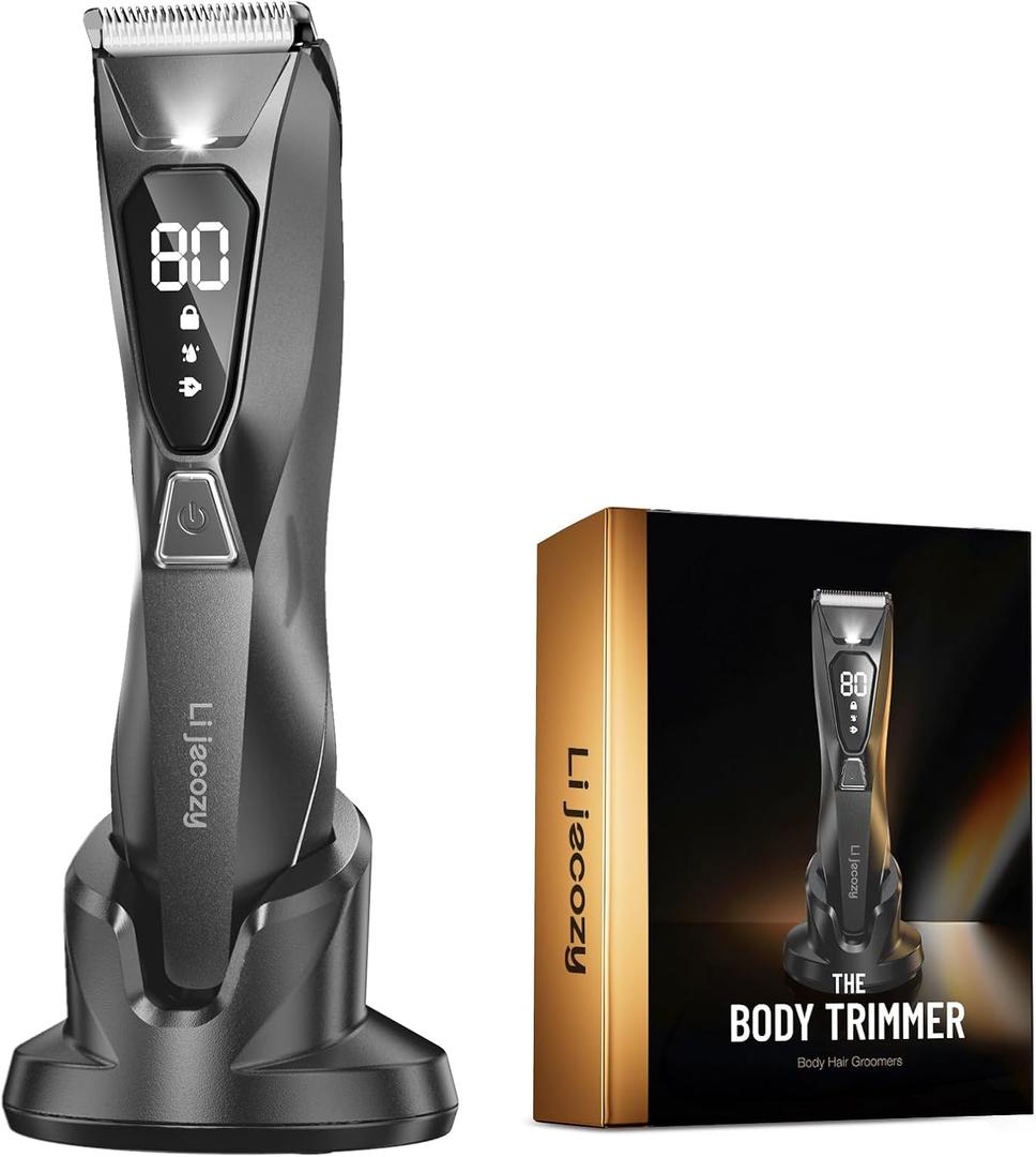Body Hair & Pubic Hair Trimmer for Men - Electric Ball Shaver with LED Light & Display, Waterproof Wet/Dry Groomer Kit with Wireless Charging & 3 Combs, Ceramic Blade Technology