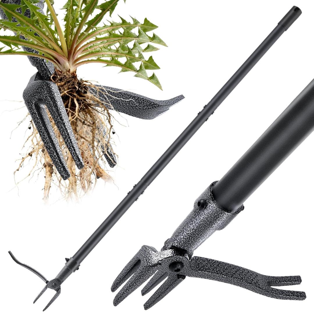Stand Up Weed Puller Tool, 46" Adjustable All-Metal Long Handle Weeder with 4-Claw Steel Head, Remove Weeds by Roots Without Bending or Kneeling, Heavy Duty Garden Tool Back & Knee Friendly