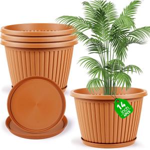 Large-Planter-Indoor-Outdoor Plant Pots, 14 inch 4 Pack Plastic Flower Pots with Saucer And Drainage Holes, Modern Garden Planters For Planting Medium Large Plants, Decorative Resin Garden Pots