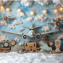 YongFoto Travel Adventure Aircraft Backdrop 7x5ft Cute Clouds Sky Airplane Photography Background Adventure Awaits Baby Shower Boy 1st 2nd Birthday Party Banner Kids Portraits Photoshoot Wallpaper (7ftx5ft)