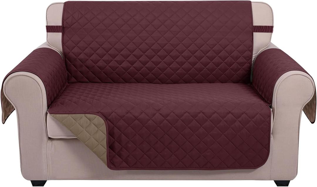U-NICE HOME Loveseat Sofa Cover Reversible Couch Cover for Dogs with Elastic Straps Water Resistant Furniture Protector for Pets Couch Cover for 2 Cushion Couch (Loveseat, Burgundy/Tan)