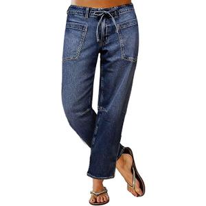 Flamingals Women's Mid Waist Straight Leg Jeans Drawstring Cropped Jeans Women Stretchy (Blue, XXXL)