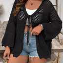 Women's Plus Size Lightweight Cardigans Tie Front Summer Crochet Long Sleeves Hollow Out Thin Cardigan (Black, XXXL)