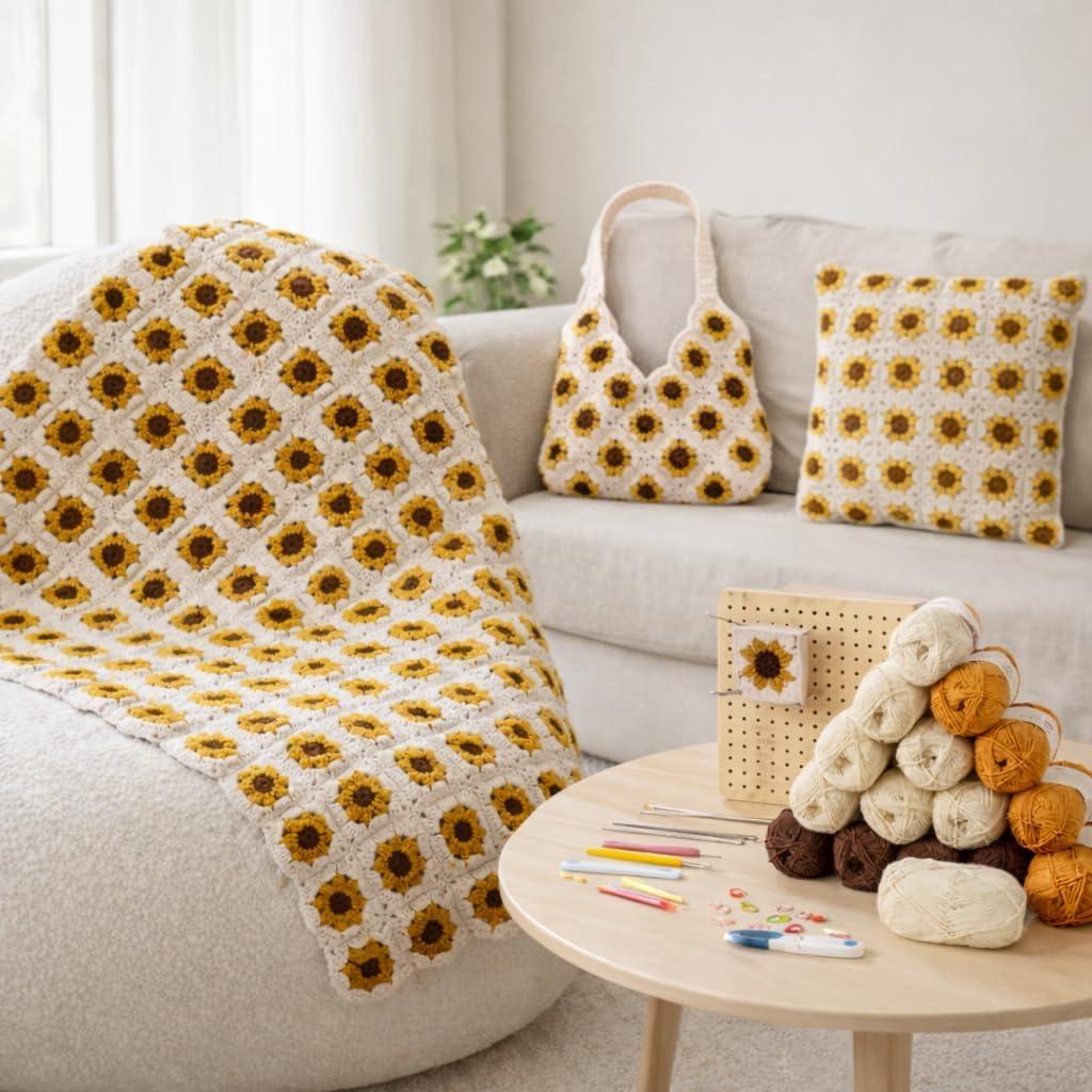 Haorino Crochet Blanket Kit for Beginners  Granny Square Crochet Starter Kit with Yarn, Hooks & Step-by-Step Instructions, Easy DIY Crochet Set Gift for Adults, Valentines Day, Mothers Day