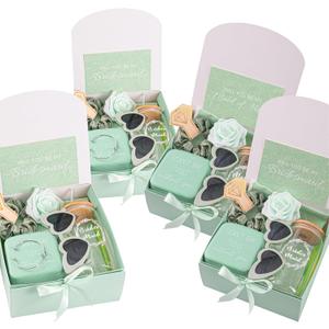 Set of 4 Green Bridesmaid Proposal Gifts, Maid of Honor Gift - Wedding Gift Box Jewelry Box Makeup Bag Bracelet Foam Flower Invited Card Glasses Cup Hair Tie for Bridal Shower Bachelorette Party