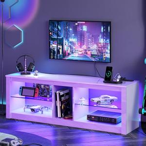 Bestier LED TV Stand for 55/60/65 Inch TV, White High Gloss Entertainment Center with Power Outlet & Adjustable Shelves, Modern Gaming TV Console with Storage for Living Room Bedroom