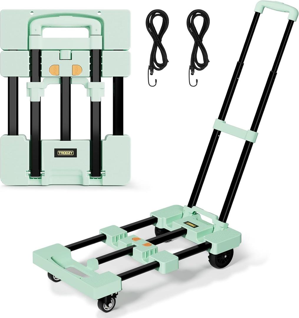 Folding Hand Truck, Dolly Cart with 4 Wheels (2 with Brake) & 2 Elastic Straps, 500 LB Heavy-Duty Trolly Cart for Moving, Travel, Luggage,Shopping, Office Use, Green