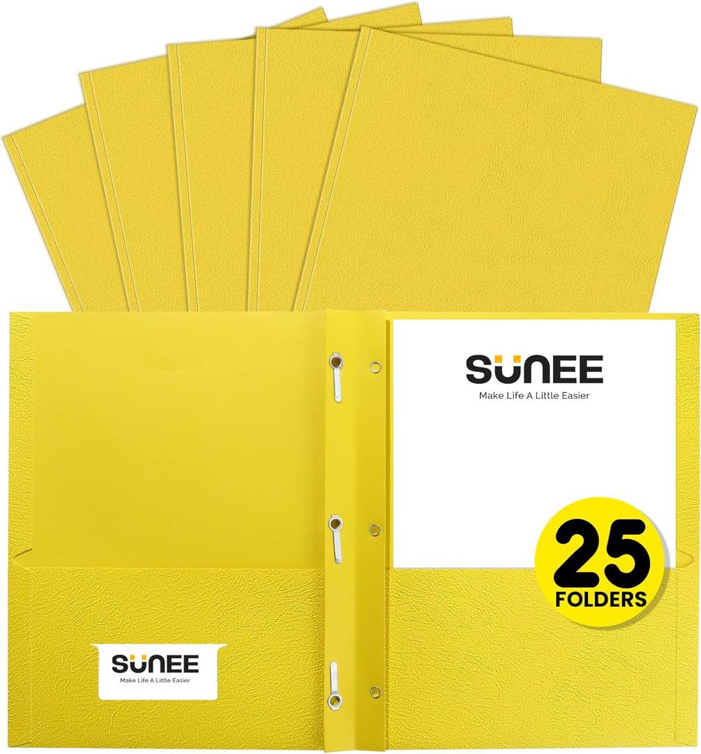 SUNEE 2 Pocket Folders with Prongs (25 Pack, Yellow), Paper Folders with 2 Pockets and 3 Prongs Fit Letter Size Paper, Folders with Prongs for School Office Home Business