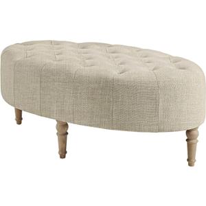 Martha Stewart Clara Coffee Table - Solid Wood Frame, Soft Fabric, Button Tufted, Oval Large Accent Ottoman - Modern Foam Padded Top Footstool Cocktail Living Room Furniture, Linen
