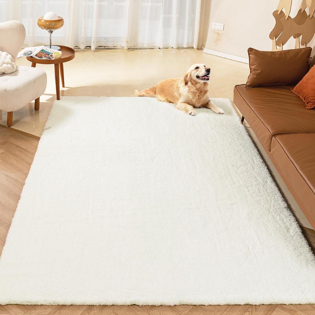 Latepis White Fluffy Washable Area Rugs 6x9 for Living Room, Non-Slip Satin Resistant Rubber Back Thick Throw Rugs Non-Shedding Soft Furry Rug Indoor Room Mat for Bedroom Foyer and Apartment, White (6' x 9')
